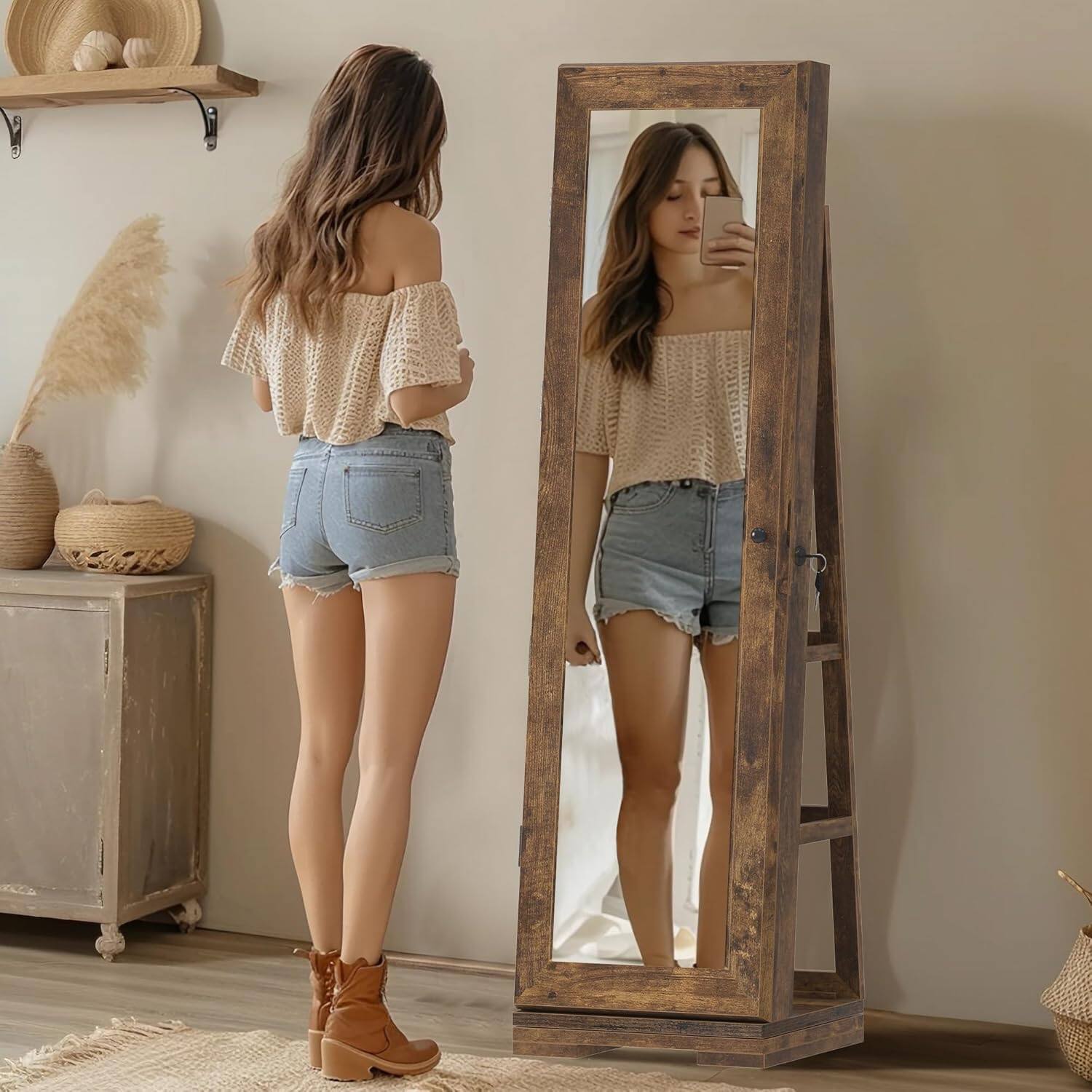 Angle. JUJABU - Rustic Brown 360° Swivel Jewelry Cabinet Organizers with Full Length Mirror Best Gift for Girls - Rustic Brown.