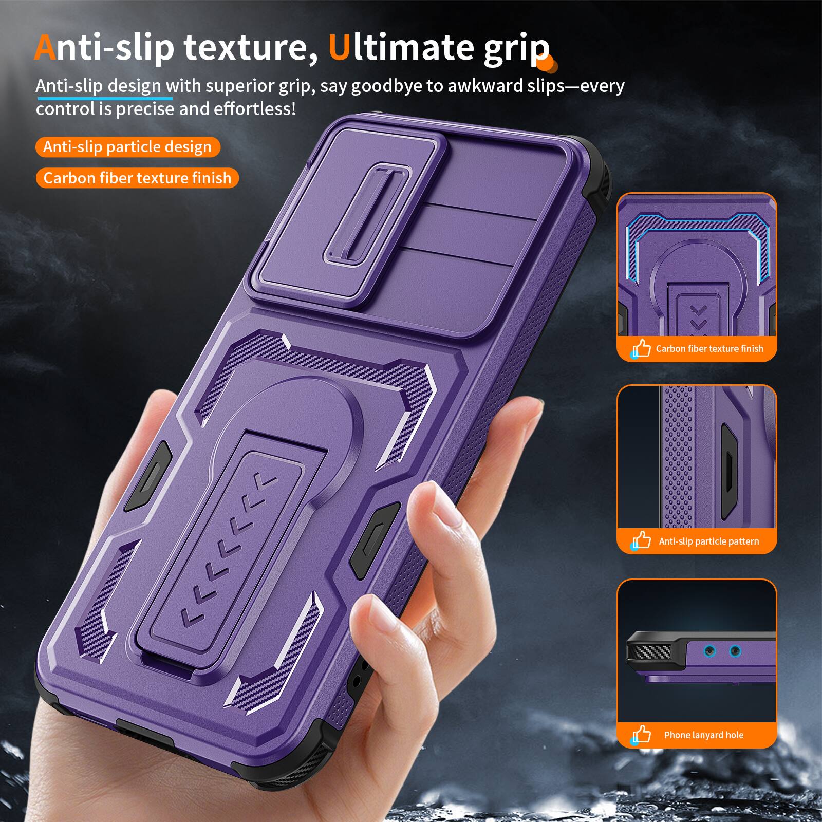 Anti-slip texture, Ultimate grip

Anti-slip design with superior grip, say goodbye to awkward slips—every control is precise and effortless!

- Anti-slip particle design
- Carbon fiber texture finish

- Carbon fiber texture finish
- Anti-slip particle pattern
- Phone lanyard hole