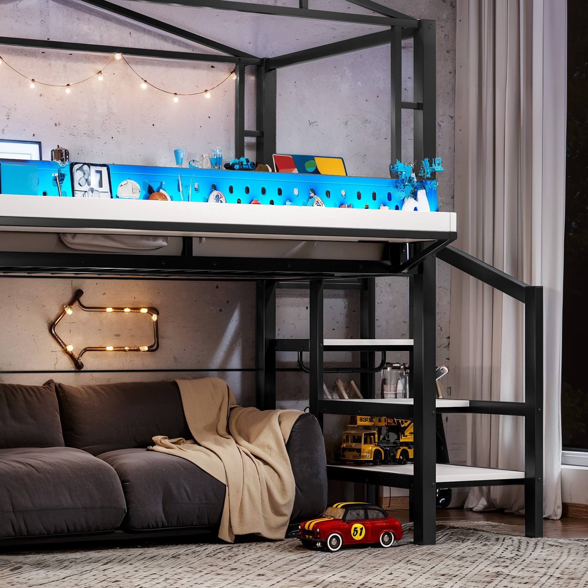 Alt View 2. Boyel Living - Twin Size Loft Bed with Storage Stairs Shelves and Built in Wardrobe Metal Loft Bed Frame - Black.