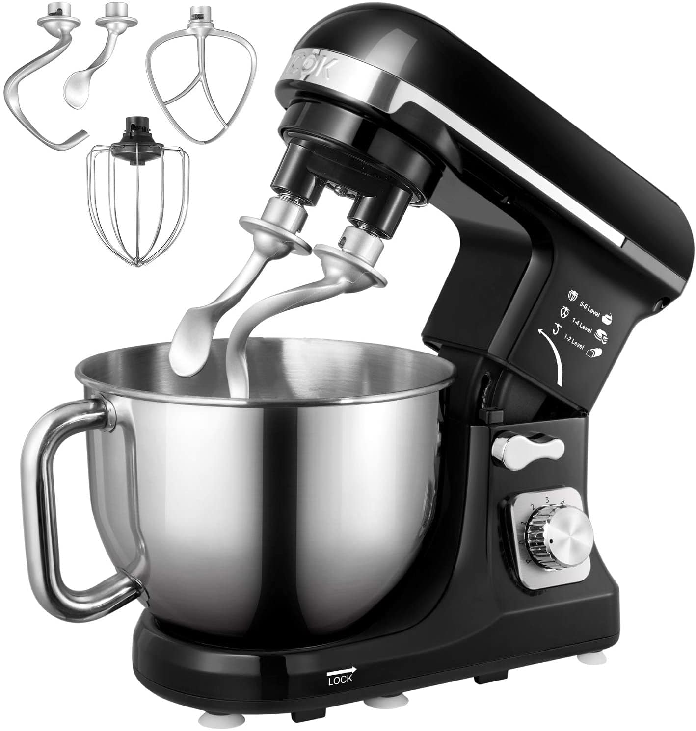 FOHERE - Stand Mixer, With Double Dough Hook, Wire Whip & Beater Mixers Kitchen Electric Stand Mixer, 5.5QT - Black