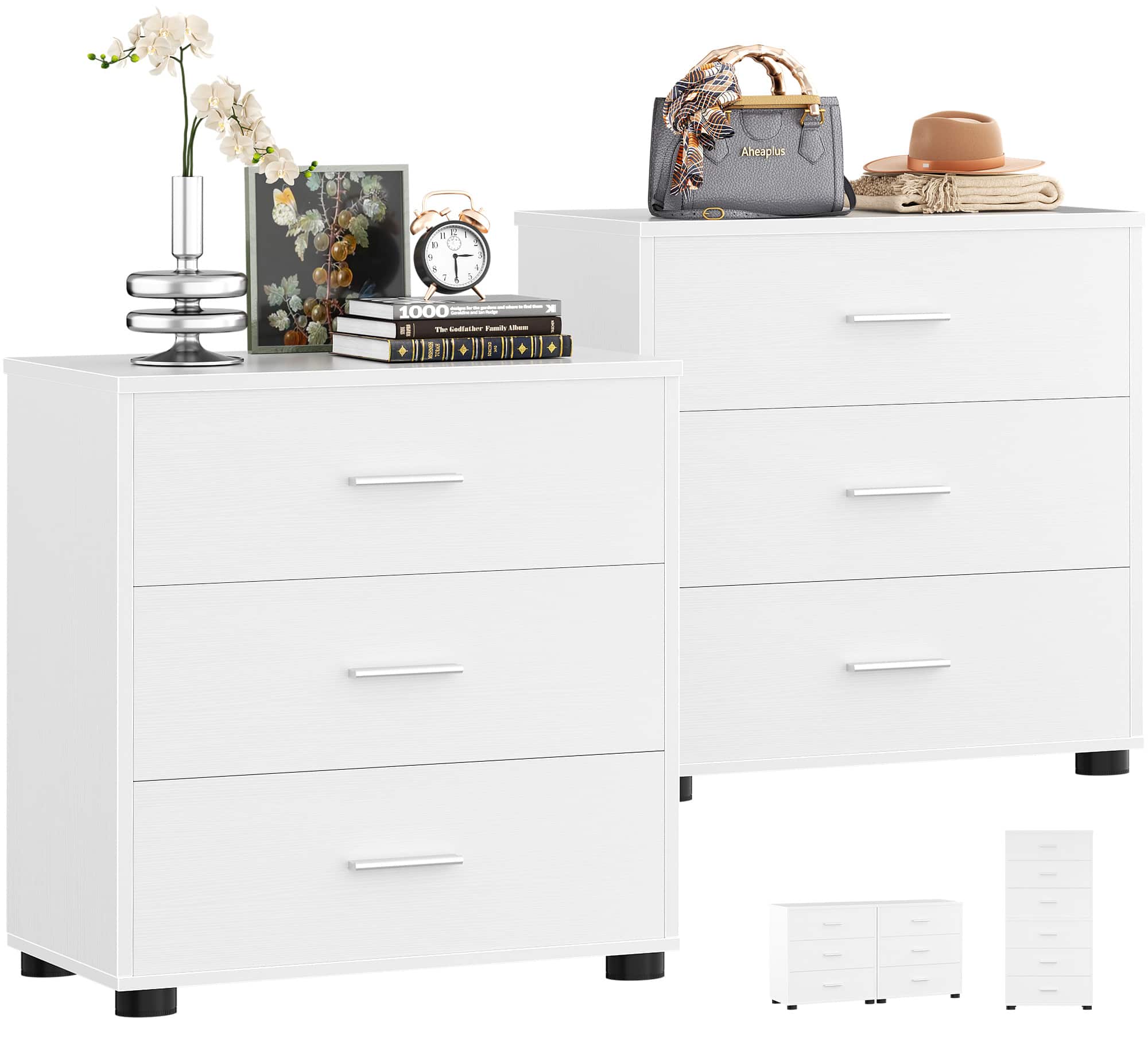 Aheaplus - 2-Pack Wooden Closet Organizer - 3 Drawers, Multifunctional Bedside Nightstand for Bedroom - White