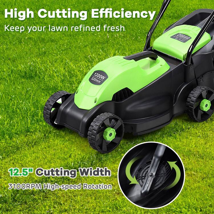 High Cutting Efficiency, Keep your lawn refined fresh, 12.5" Cutting Width, 3100RPM High-speed Rotation, 1200W, 320mm