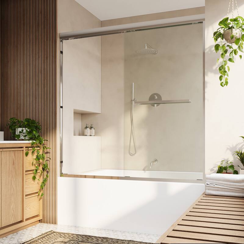 Angle. WELLFOR - 56-60 in W x 60 in H Framed Shower Door with Double Sliding & Stainless Steel Towel Bar Handle, 1/4" Tempered Glass - Chrome.
