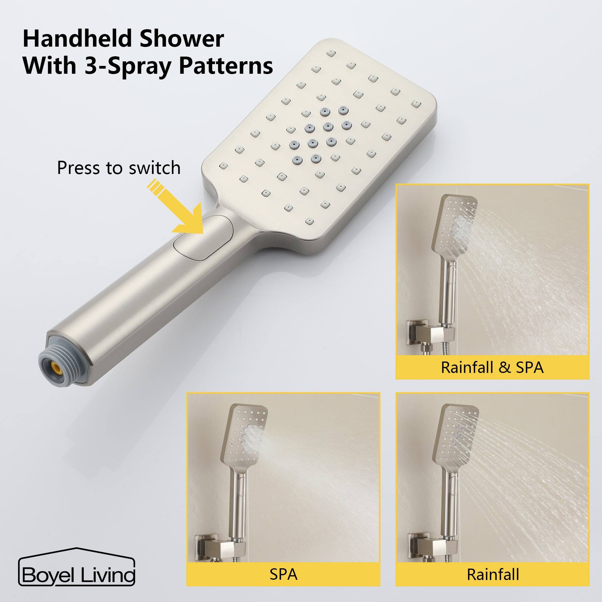 Handheld Shower With 3-Spray Patterns, Press to switch, Rainfall & SPA, Boyel Living, SPA, Rainfall