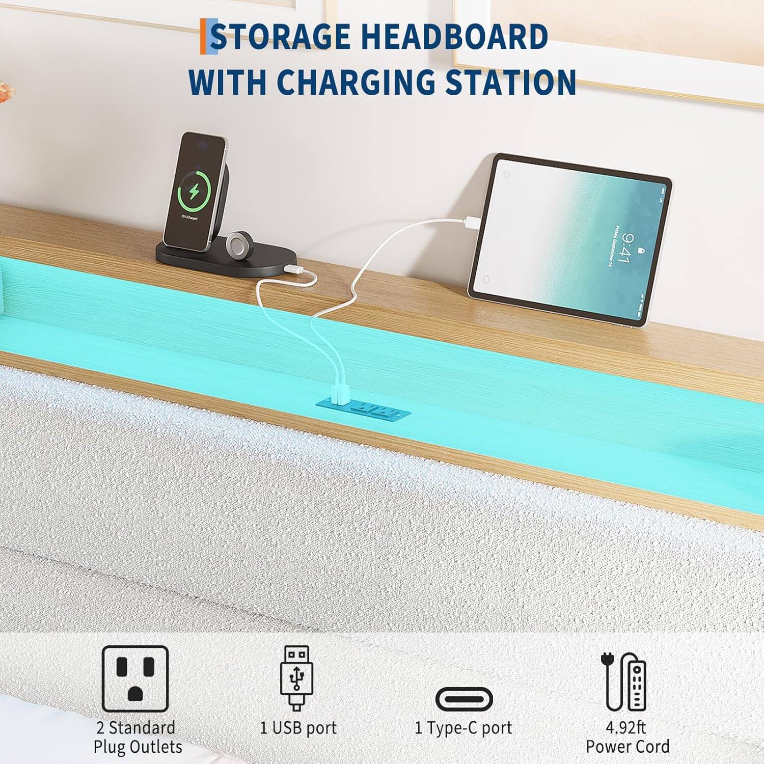 STORAGE HEADBOARD WITH CHARGING STATION

- 2 Standard Plug Outlets
- 1 USB port
- 1 Type-C port
- 4.92ft Power Cord