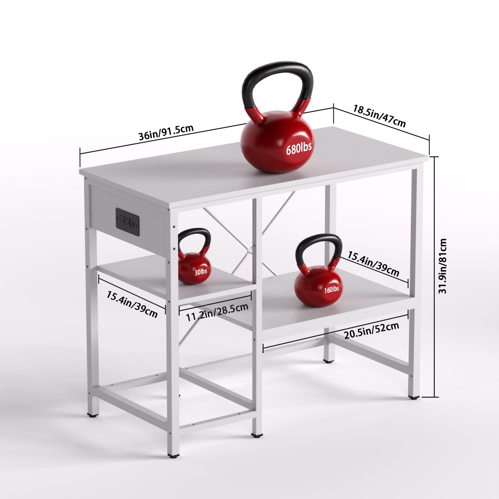 36in/91.5cm  
680lbs  
18.5in/47cm  
30lbs  
15.4in/39cm  
11.2in/28.5cm  
15.4in/39cm  
160lbs  
20.5in/52cm  
31.9in/81cm