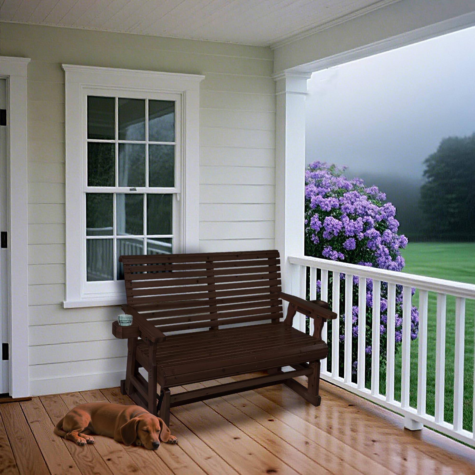 Alt View 5. Fortune Candy - Wooden Patio Glider with Cup Holders, High Roll Back and Deep Contoured Seat, Heavy Duty 800 Lb (2-Seater) - Deep Brown.