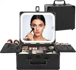 Stamp n Camp - Relavel Makeup Bag with LED Mirror, Makeup Box Travel Train Case with Rechargeable Lighted Mirror & Adjustable Divide - Black-Large
