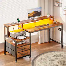 Front. Furnulem - Computer Desk With Drawers Power Outlet Gaming Desk With Storage Shelves for Home Office Desk - Brown.