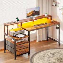 Furnulem - Computer Desk With Drawers Power Outlet Gaming Desk With Storage Shelves for Home Office Desk - Brown