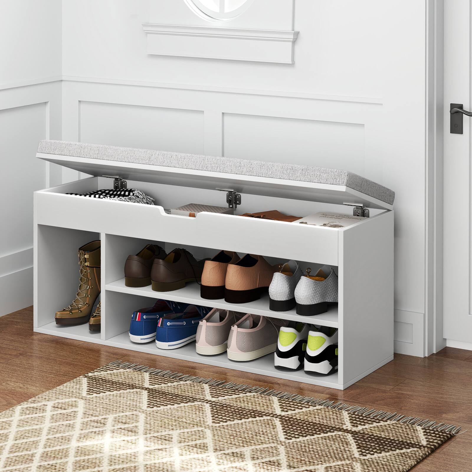 Alt View 4. Gymax - Gymax Shoe Bench Home Entryway Shoes Storage Bench w/ Padded Seat & Hidden Storage White - White, Grey.