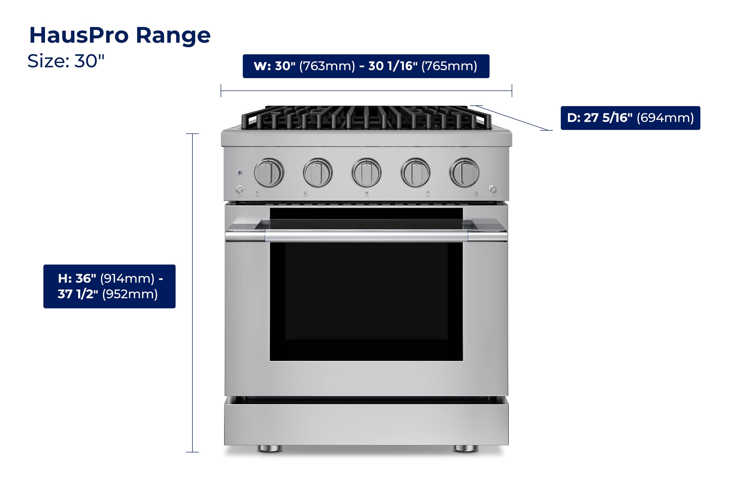 HausPro Range  
Size: 30"  
W: 30" (763mm) - 30 1/16" (765mm)  
D: 27 5/16" (694mm)  
H: 36" (914mm) - 37 1/2" (952mm)