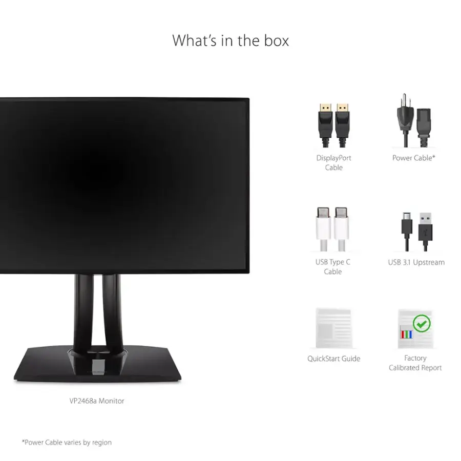 What's in the box: DisplayPort Cable, Power Cable, USB Type C Cable, USB 3.1 Upstream, QuickStart Guide, Factory Calibrated Report, VP2468a Monitor.