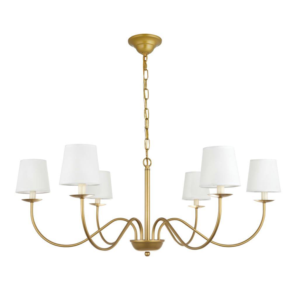 Alt View 6. Living District - Eclipse 6 light Brass and White shade chandelier - Brass And White Shade.