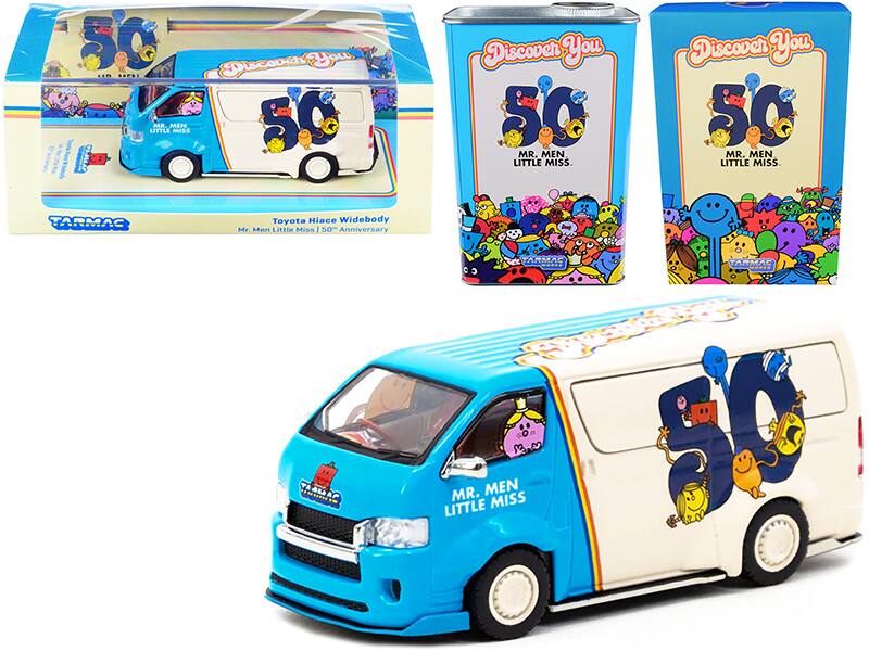 Tarmac Works - Toyota Hiace Widebody Van Mr. Men Little Miss 50th Anniversary (1971-2021) with METAL OIL CAN 1/64 Diecast Model Car - Multicolor