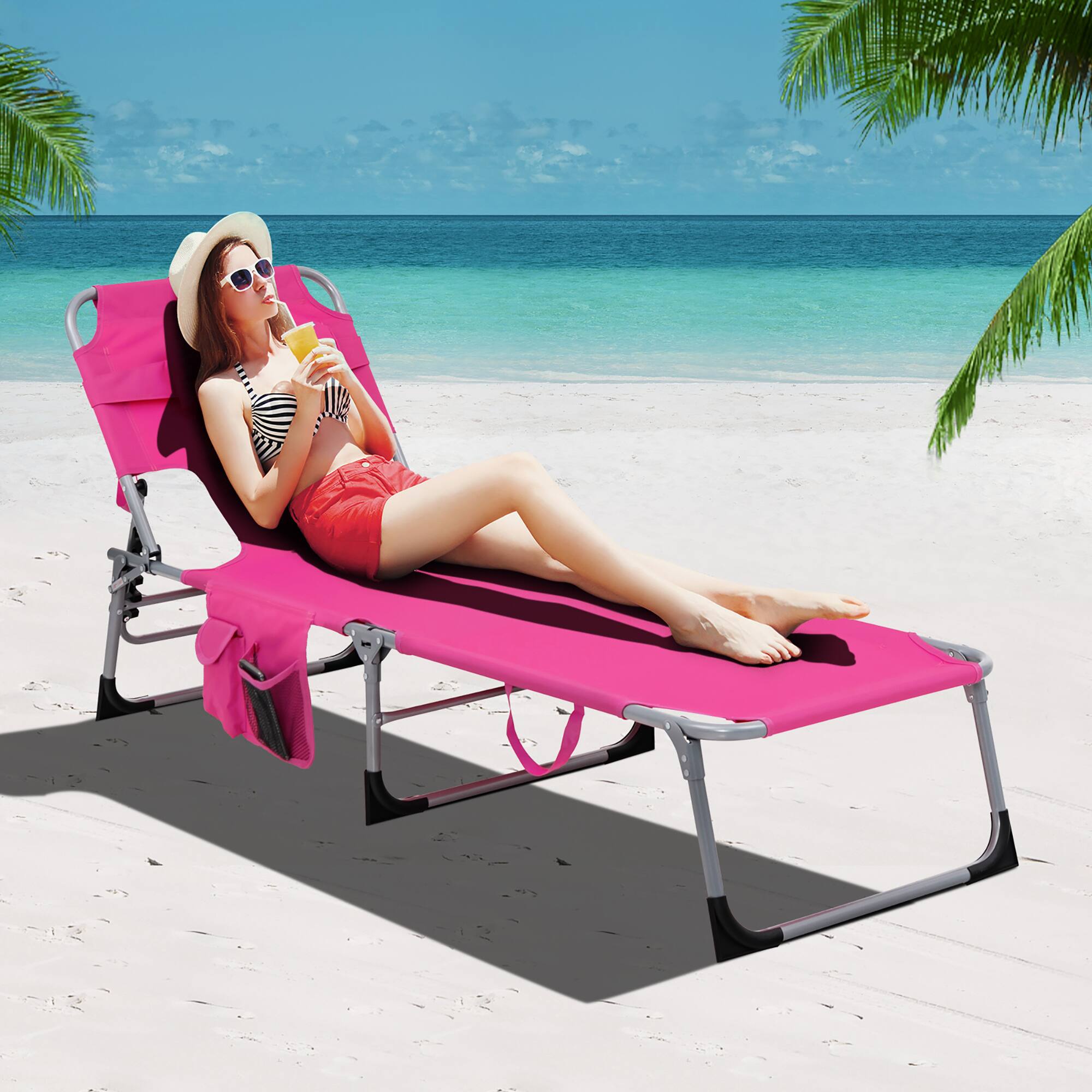 Alt View 1. Gymax - Gymax Set of 2 Beach Chaise Lounge Chair Folding Reclining Chair w/ Facing Hole Pink - Pink.