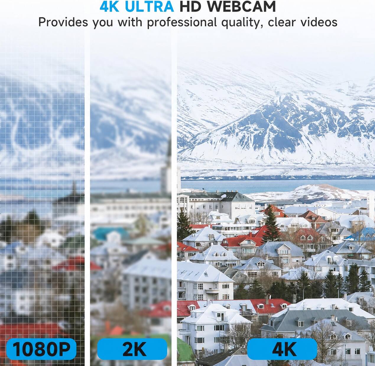 4K ULTRA HD WEBCAM  
Provides you with professional quality, clear videos  
1080P  
2K  
4K