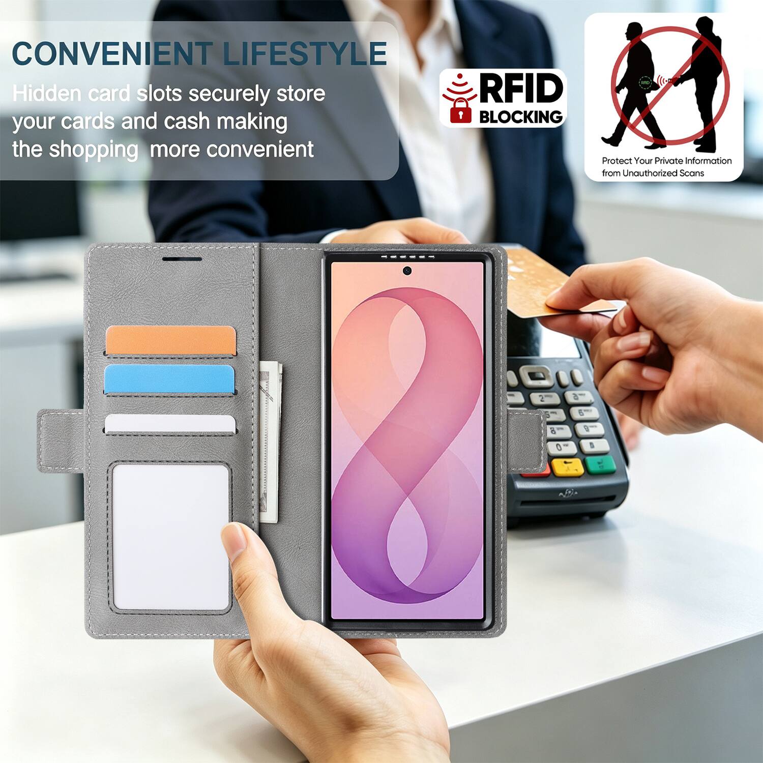 CONVENIENT LIFESTYLE  
Hidden card slots securely store your cards and cash making the shopping more convenient

RFID BLOCKING  
Protect Your Private Information from Unauthorized Scans