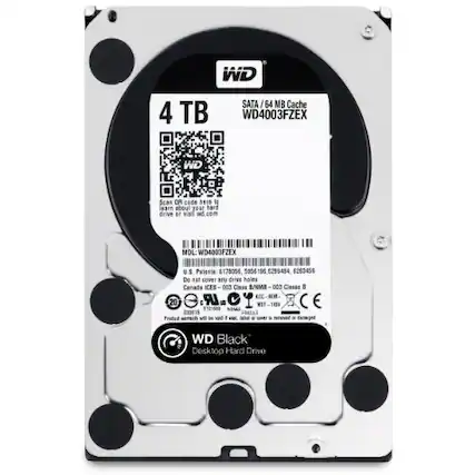 WD SATA I 64 MB Cache 4 TB WD4003FZEX
Scan QR code here to learn about your hard drive
Visit wd.com
MDL: WD4003FZEX
US Patents 6178056, 9561, 6289484, 6263459
Do not cover any drive holes
Canada ICES 003
Class B/NMB 0C3
Class B KCX
E-20 LR - WET 1624
NOMES FRACLLS
Frotud wl D soRd - M - er b darmged
WD Black Desktop Hard Drive