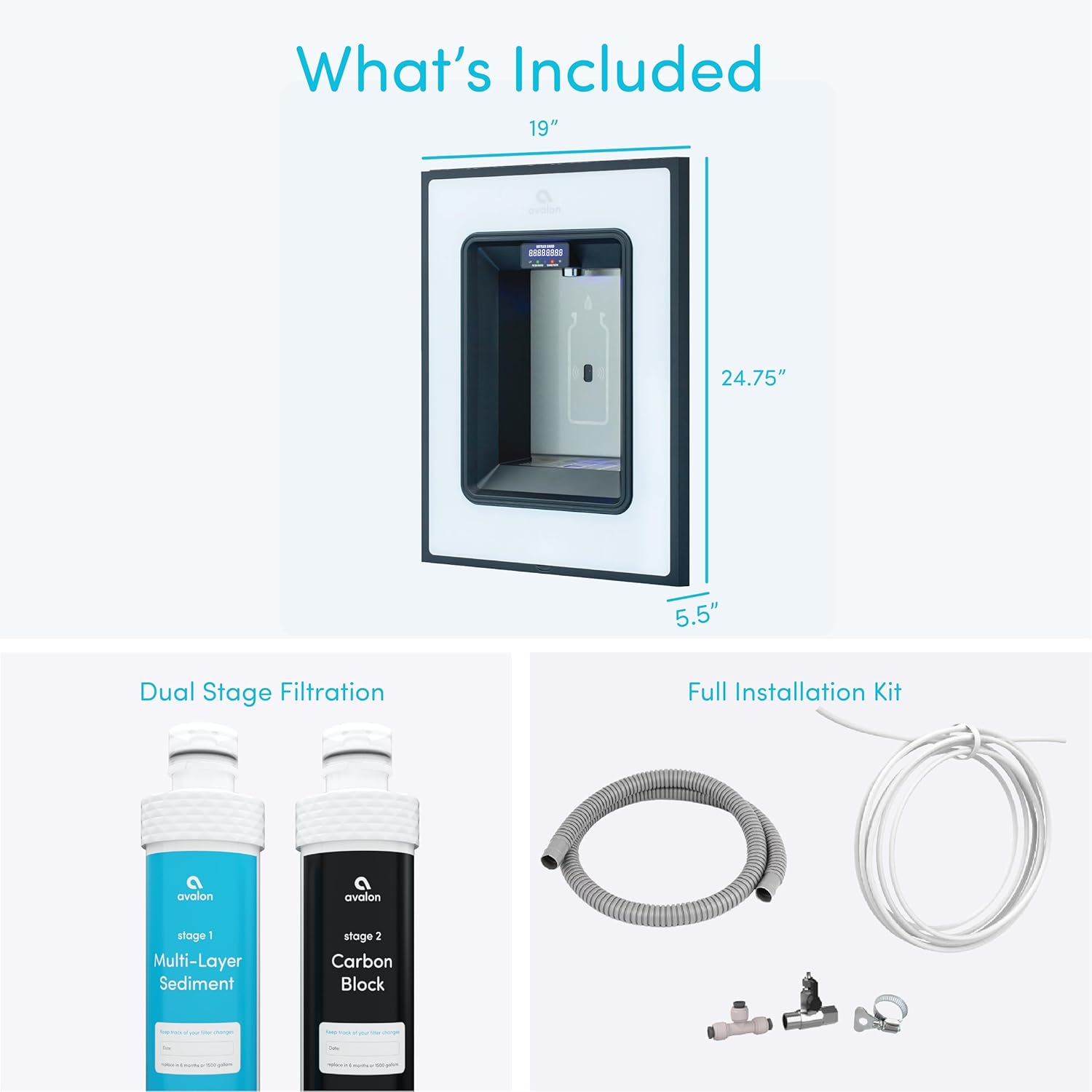 What's Included

- 19" x 24.75" x 5.5"
- Dual Stage Filtration
  - Stage 1: Multi-Layer Sediment
  - Stage 2: Carbon Block
- Full Installation Kit