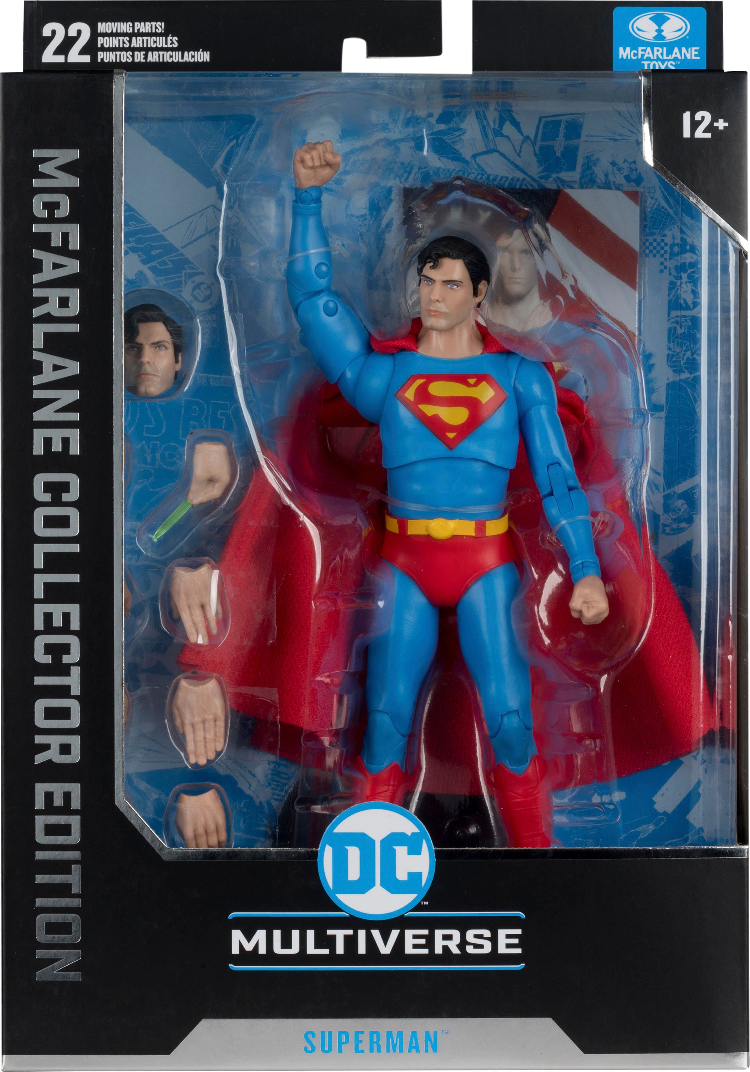 The text on the image reads: "22 points of articulation! McFarlane Toys 12+ Collector Edition DC Multiverse Superman."