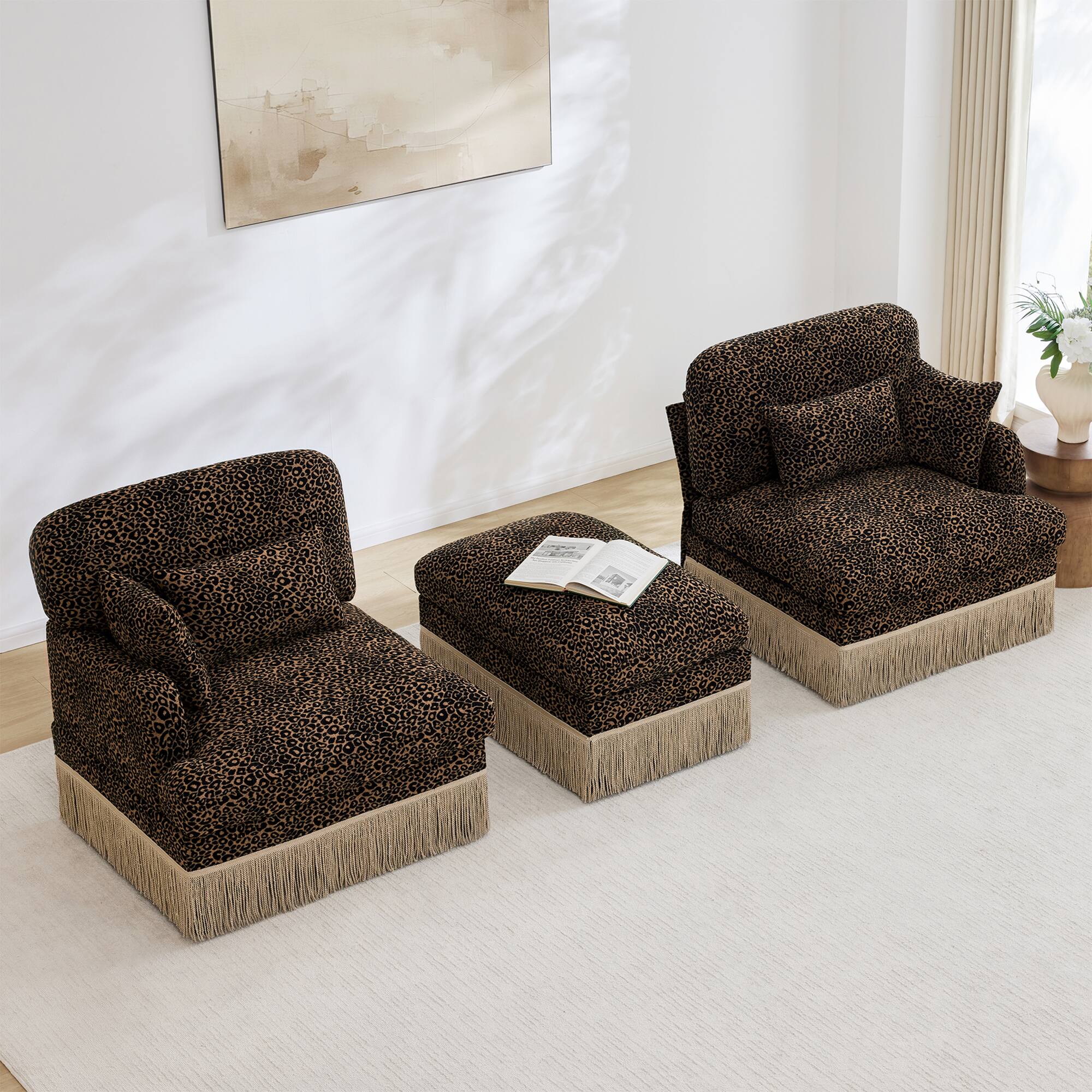 Back. Anysun - Delicate Fashion Style Chenille Leopard Printing L-Shape Sofa with Movable Ottoman, Easy Assembly - Brown.