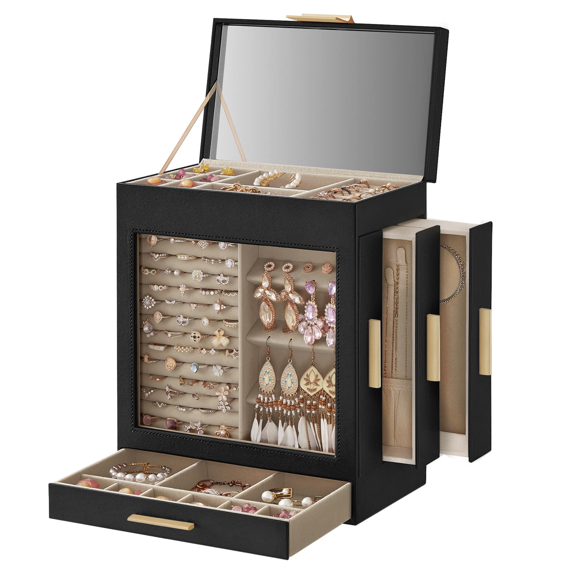 Front. Songmics Home - 5-Layer Modern Jewelry Organizer with 3 Side Drawers and Large Mirror - Ink Black and Metallic Gold - Black.
