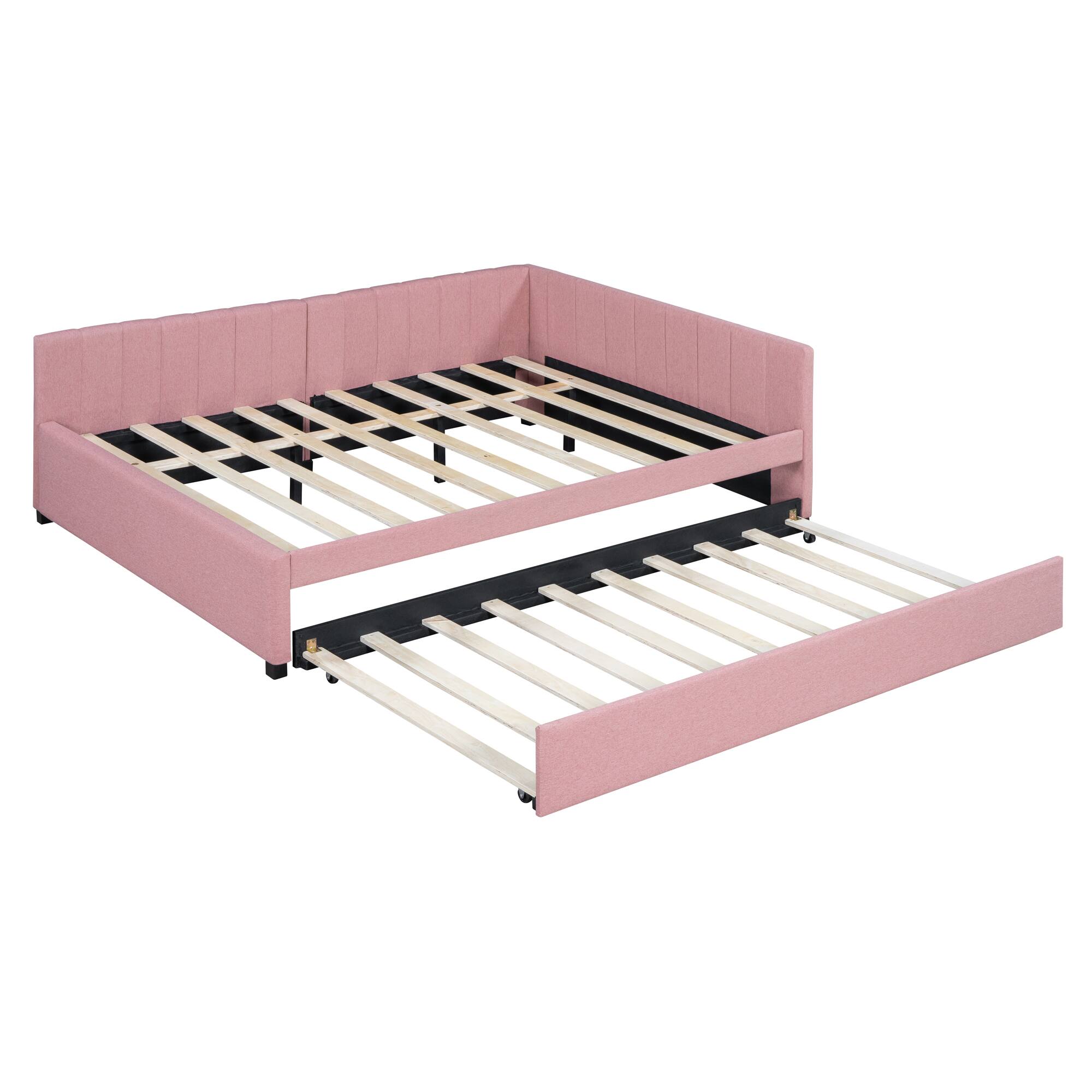 Alt View 2. Tiramisubest - Full Size Upholstered Daybed with Trundle Sofa Bed Frame No Box Spring Needed, Linen Fabric(Pink) - Pink.