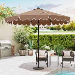 Mondawe - 9.3 ft Solar Patio Umbrella 24 LED Lights Vented Top Crank Tilt Ruffled - Coffee