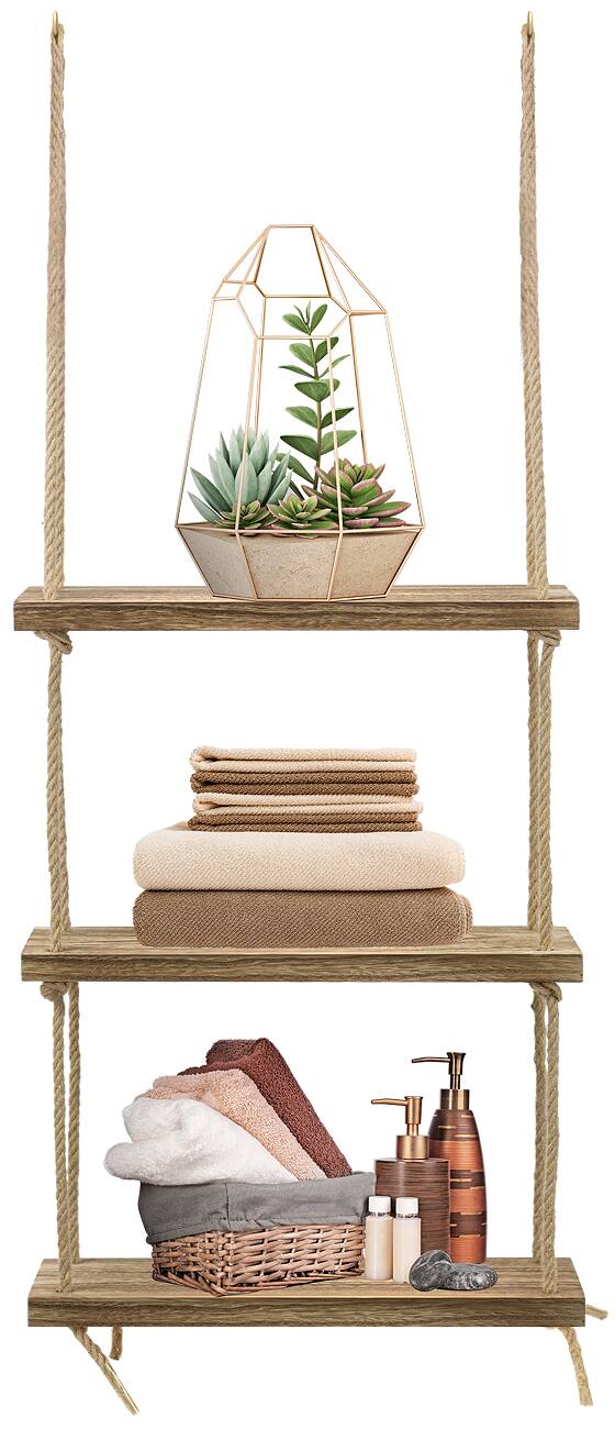Alt View 2. Sorbus - Sorbus Wood Hanging Shelf 3-Tier Rustic Wood Swing Storage Shelves Rope Organizer Rack - Maple.