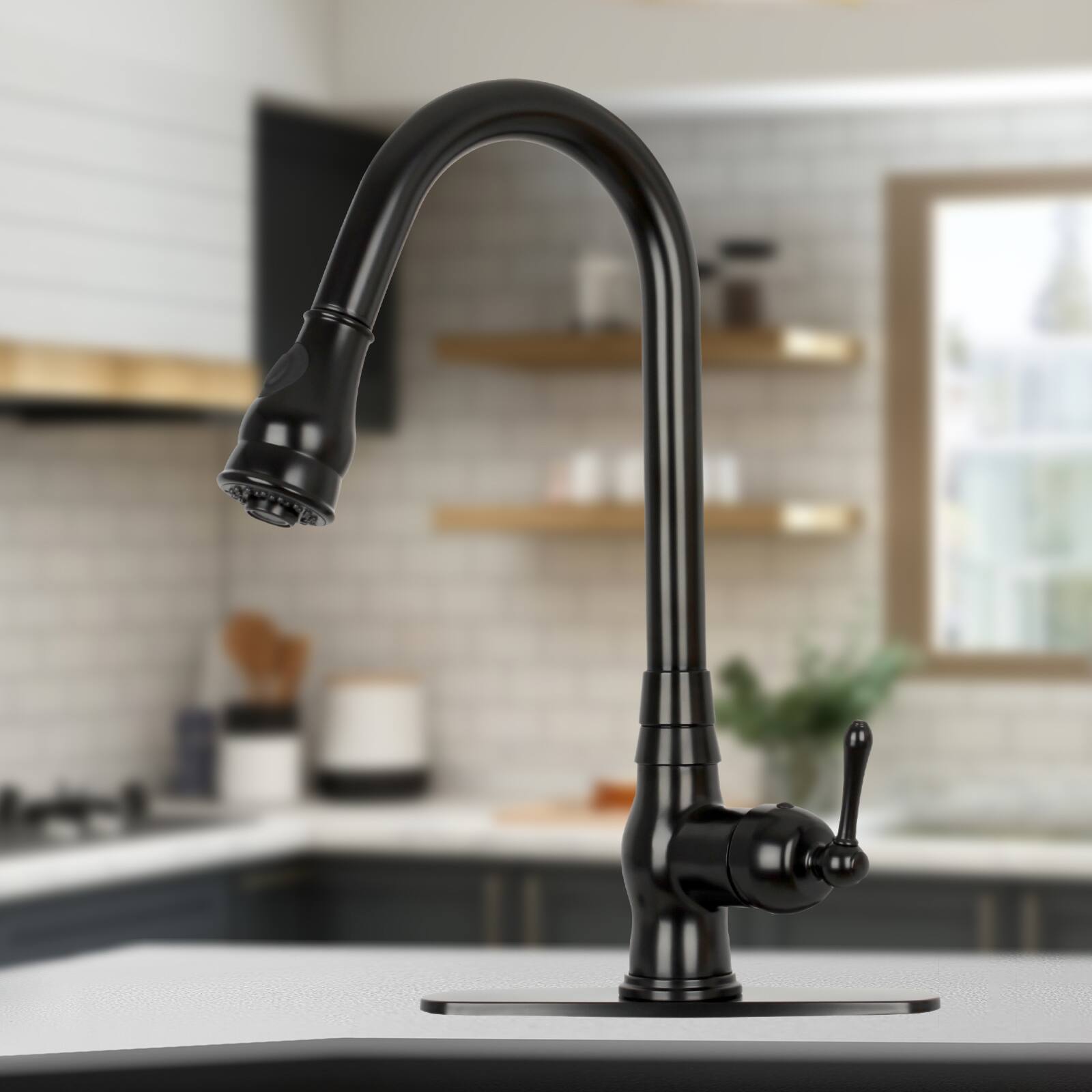 Alt View 7. Akicon - Akicon Solid Brass One-Handle Kitchen Faucet with Pull Down Sprayer in Matte Black - Matte Black.