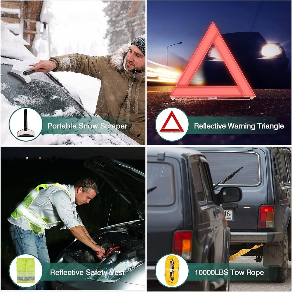 - Portable Snow Scraper
- Reflective Warning Triangle
- Reflective Safety Vest
- 10000LBS Tow Rope