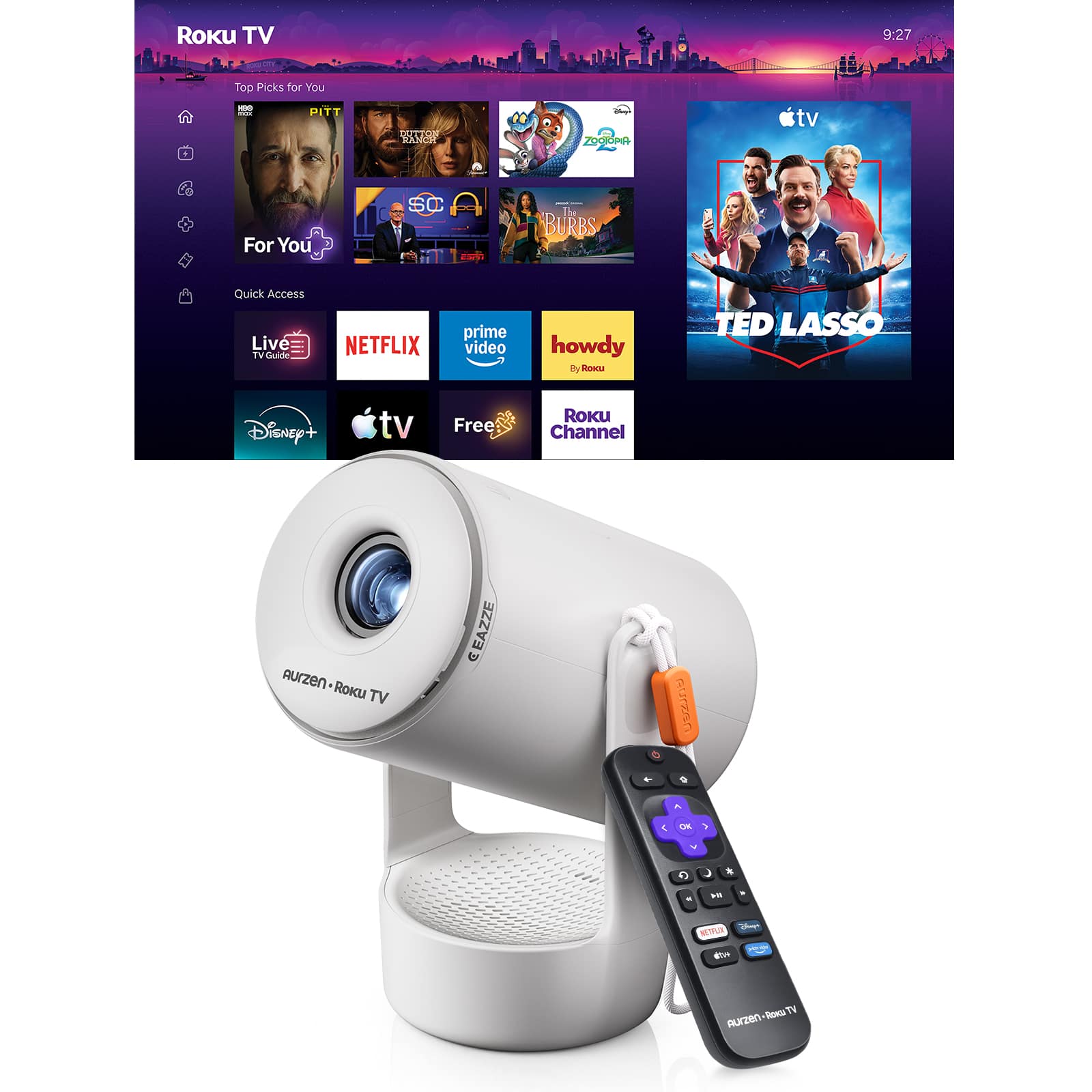 Aurzen - Roku TV Portable Mini Projector with Upgraded Sound Base, 180° Rotation, Auto Vertical Keystone, Zoom for Home/Outdoor - Gray