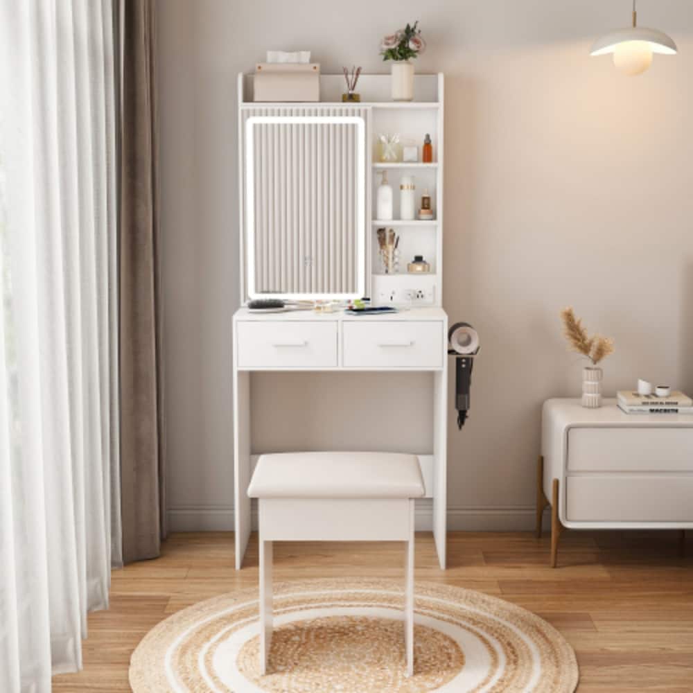 LUCKY ONE - 31.5in Freestanding Vanity Desk with Mirror LED Lights Power Outlet Hidden Storage Stool Shelf - White