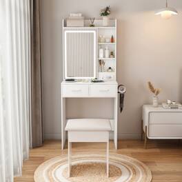 LUCKY ONE - 31.5in Freestanding Vanity Desk with Mirror LED Lights Power Outlet Hidden Storage Stool Shelf - White