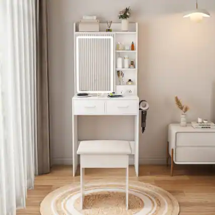 Front. LUCKY ONE - 31.5in Freestanding Vanity Desk with Mirror LED Lights Power Outlet Hidden Storage Stool Shelf - White.