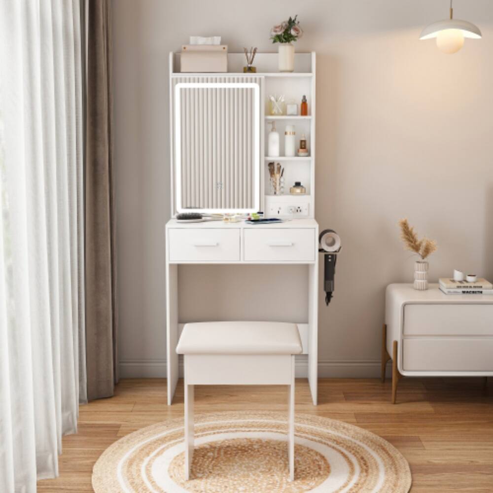 Front. LUCKY ONE - 31.5in Freestanding Vanity Desk with Mirror LED Lights Power Outlet Hidden Storage Stool Shelf - White.