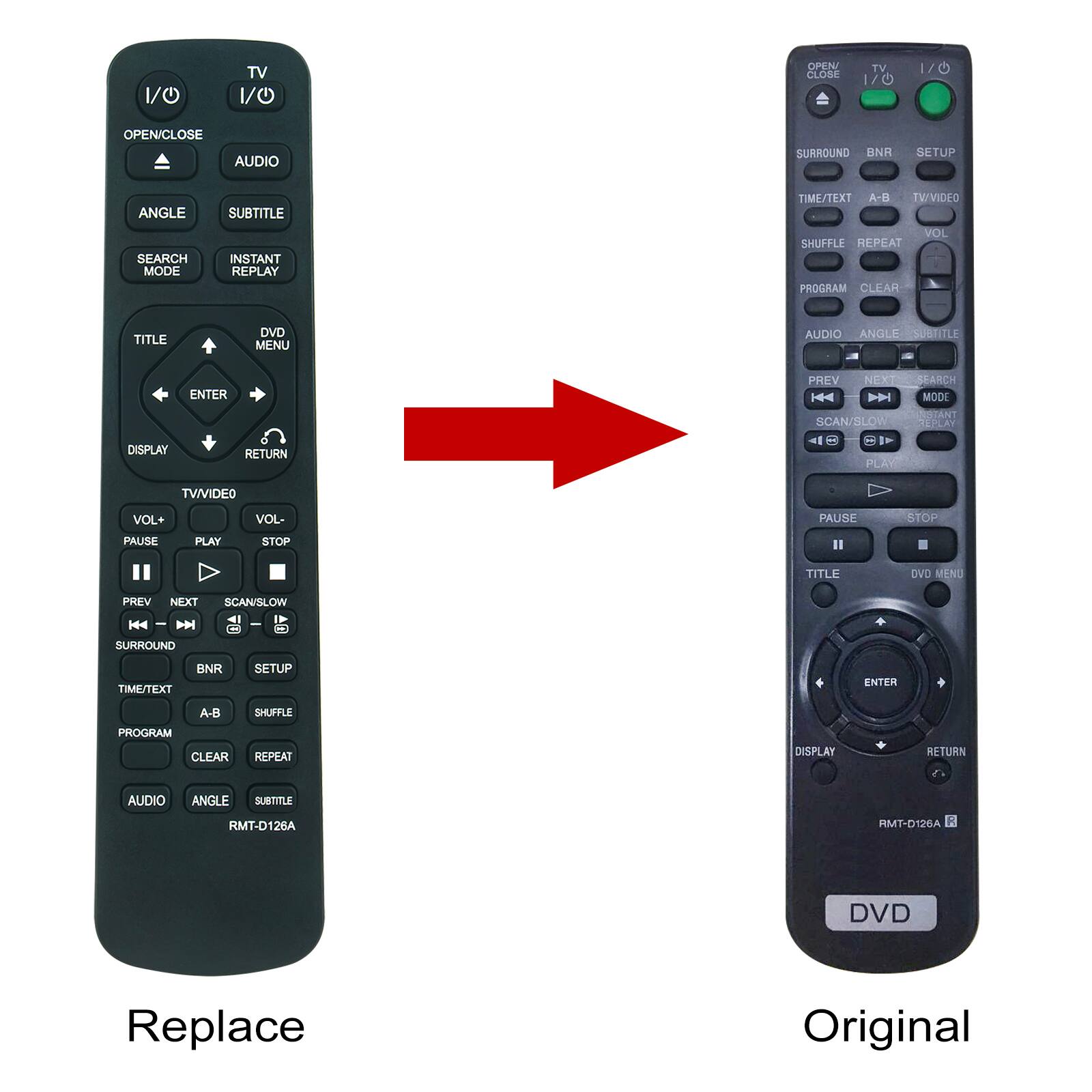 1/0  
TV 1/0  
OPEN/CLOSE  
TV 1/0  
OPEN/CLOSE AUDIO  
SURROUND BNR  
SETUP  
ANGLE SEARCH MODE  
SUBTITLE INSTANT REPLAY  
TIME/TEXT A-B TWVIDEO VOL SHUFFLE REPEAT PROGRAM CLEAR  
TITLE  
DVD MENU  
AUDIO ANGLE SUBTITLE  
ENTER DISPLAY RETURN  
PREV NEXT SEARCH KA DDI MODE NSTANT SCAN/SLOW REPLAY 13  
PLAY  
TV/VIDEO  
VOL+  
VOL-  
PAUSE  
STOP  
PAUSE  
PLAY  
STOP  
Il  
TITLE  
DVD MENU  
PREV NEXT SCAN/SLOW  
-  
SURROUND  
TIME/TEXT  
BNR  
SETUP  
ENTER  
A-B PROGRAM CLEAR  
SHUFFLE REPEAT  
DISPLAY  
RETURN  
AUDIO  
ANGLE  
SUBTITLE  
RMT-D126A  
RMT-D126A  
DVD  

Replace  
Original