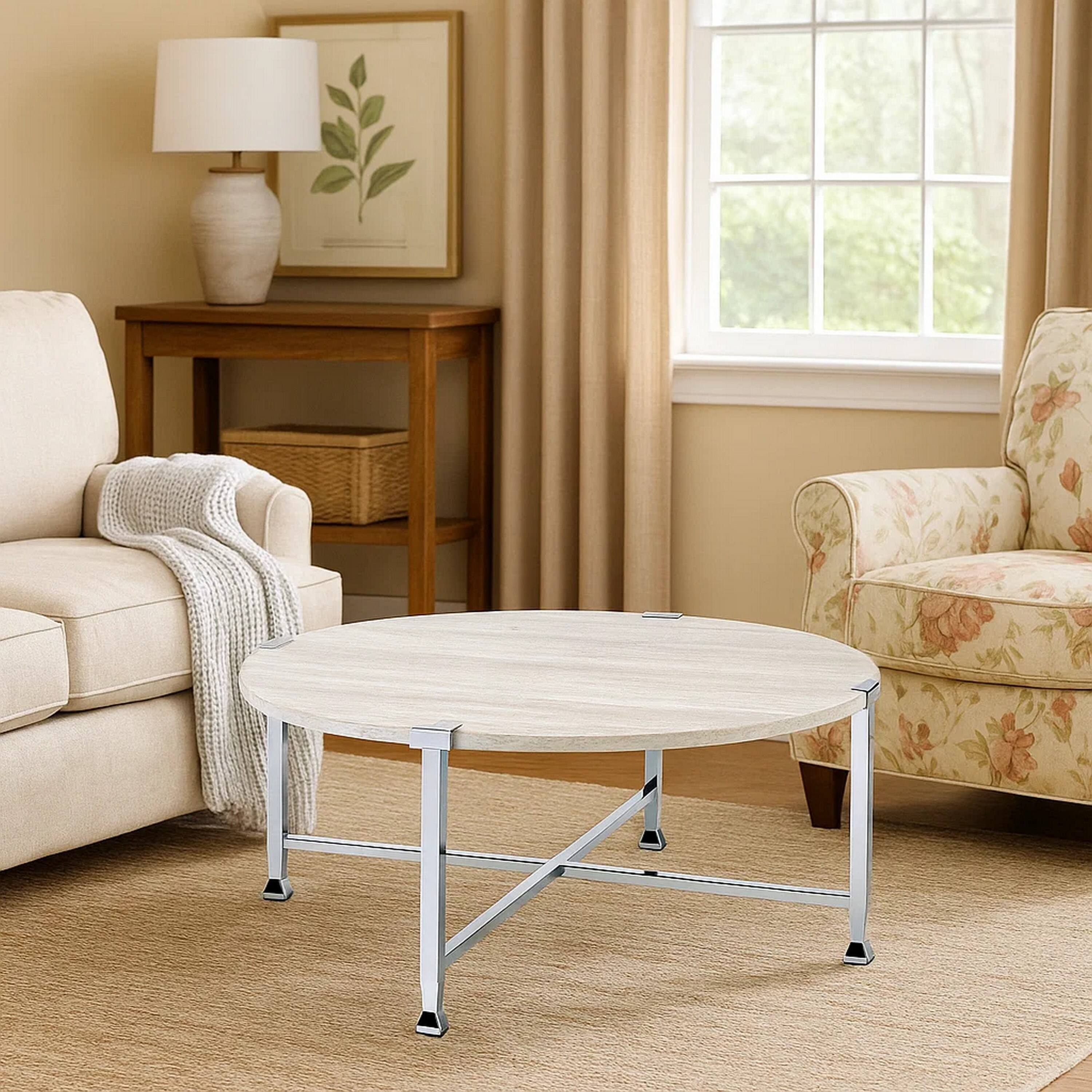 Alt View 6. Manhattan Lane - Coffee Table with X Shaped Metal Base and Round Wooden Top - Silver and Beige.