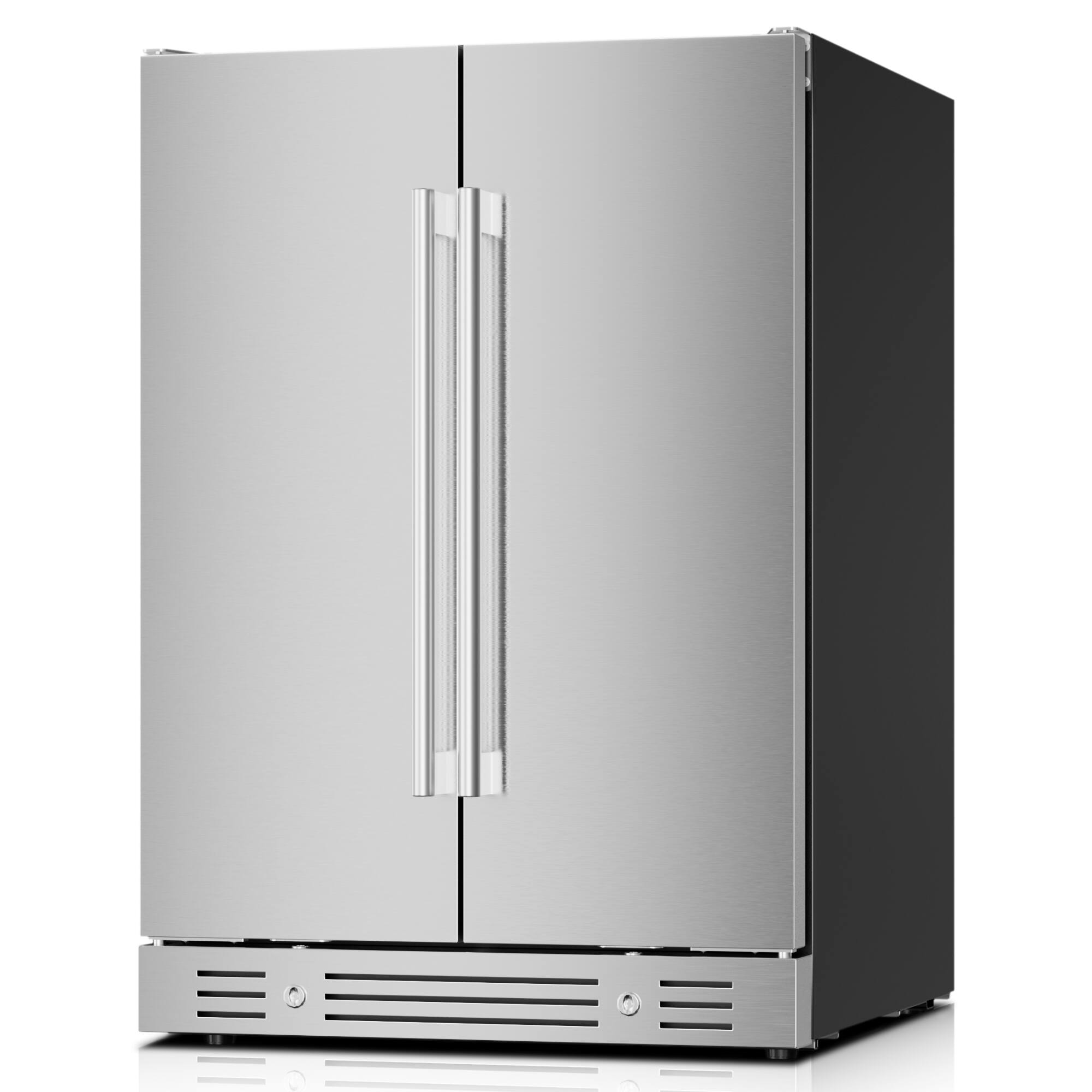 Left. Yeego - 24 Inch Outdoor Refrigerator - Dual Zone Wine and Beverage Fridge 60 Can & 20 Bottle, 36-65°F  Built-in - Stainless Steel.