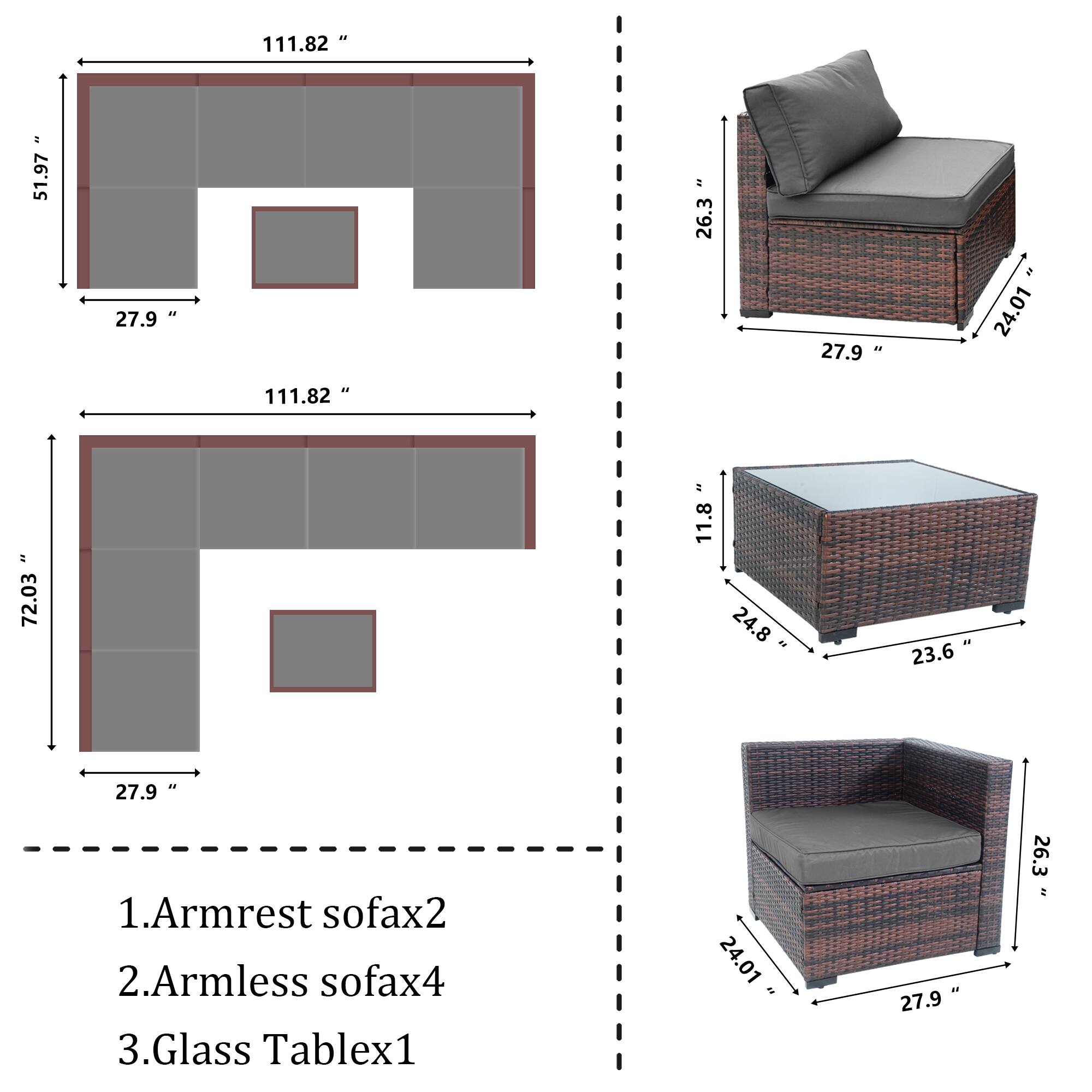 111.82" = 51.97"  
27.9" S 26.3" 27.9" 24.01" 111.82" 72.03"  
11.8" 24.8" 23.6" 27.9"  

1. Armrest sofax2  
2. Armless sofax4  
3. Glass Tablex1  

24.01" 27.9" 26.3"