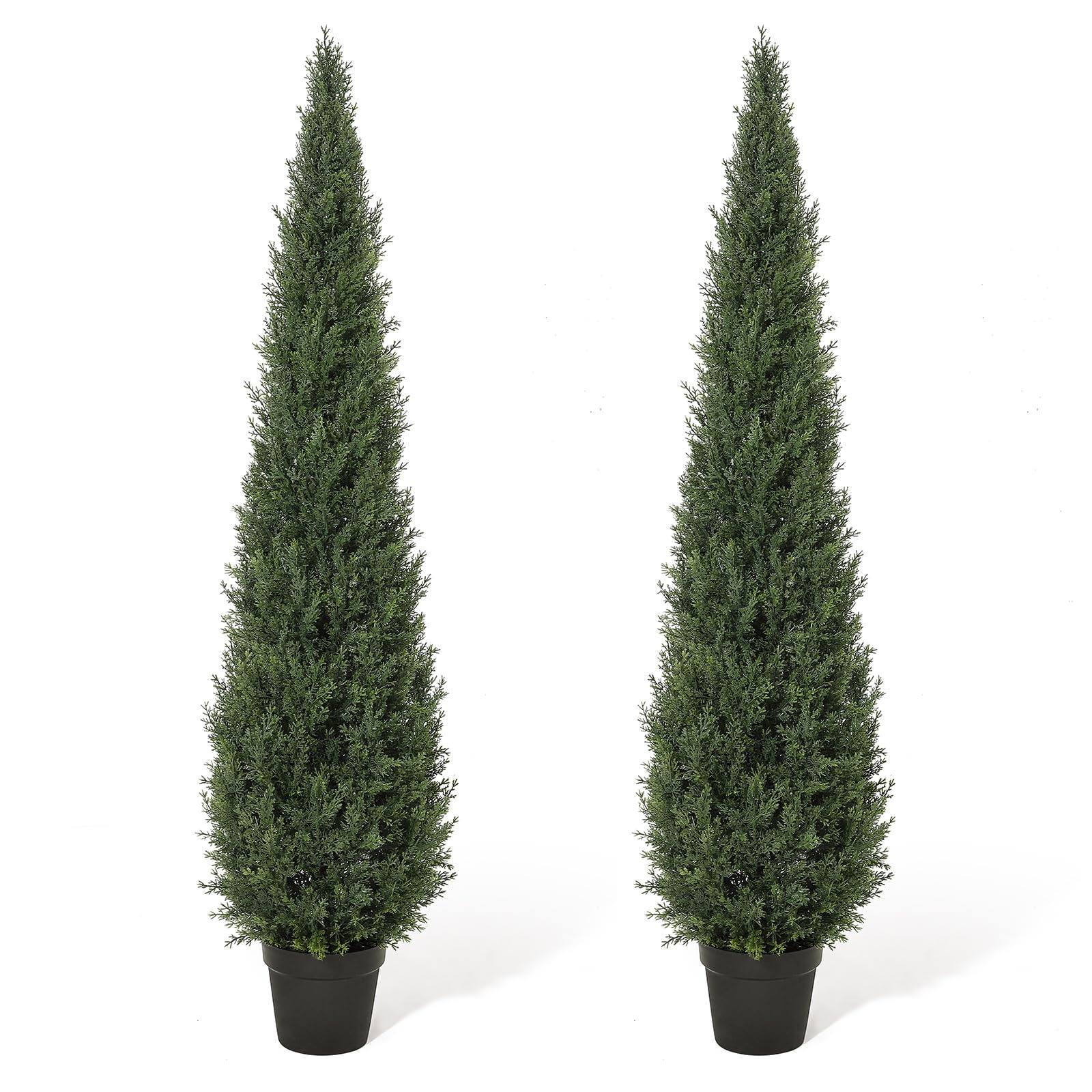 Front. Homhougo - Artificial Trees,Fake Cedar Topiary Tree Outdor,5ft Tall Fake Cypress Trees for Home Decor Set of 2 - Green.