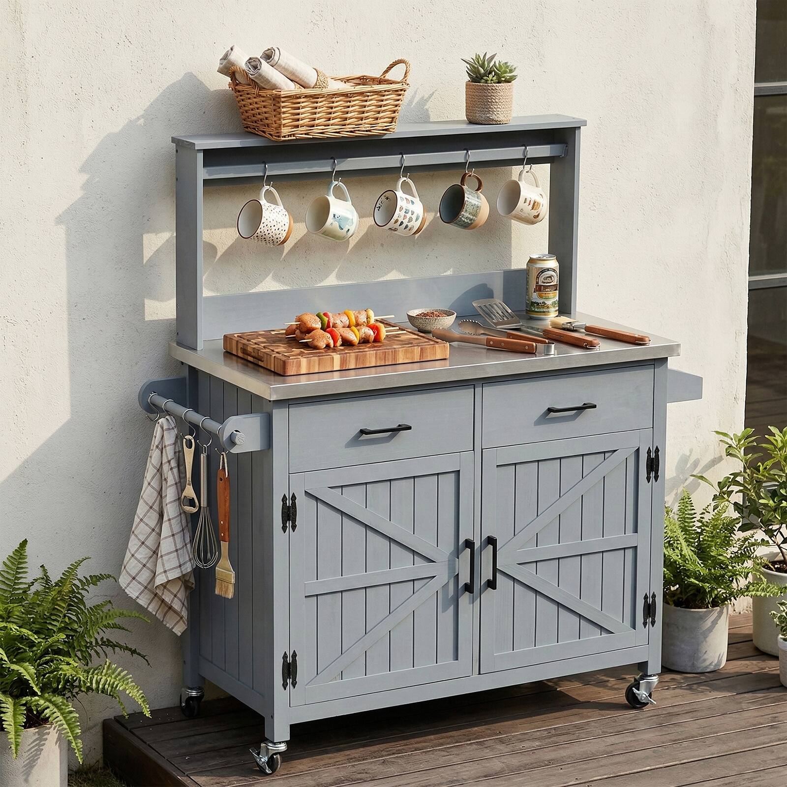 Front. Chateau Abodes - 54.1" Outdoor Kitchen Island with High Shelf, Stainless Steel Top & Storage Cabinet & Lockable Wheels - Grey Blue.