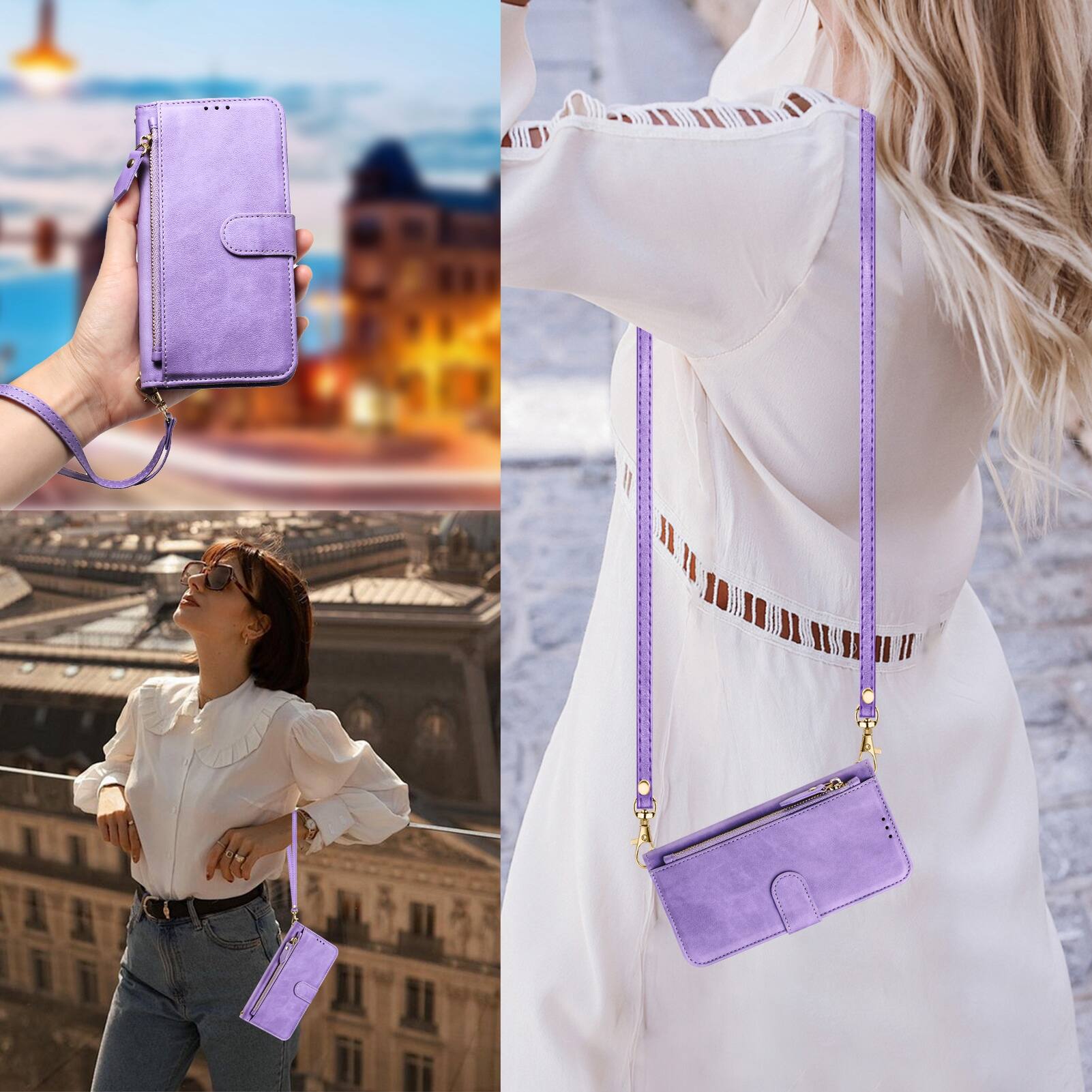 Left. UUCOVER - Zipper Wallet Case for iPhone 17 Magnetic PU Leather Card Slots Pocket Stand Cover with Shoulder / Wrist Strap - Purple.