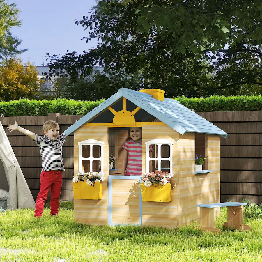 Outsunny Wooden Playhouse for Kids Outdoor Garden Pretend Play Games ...