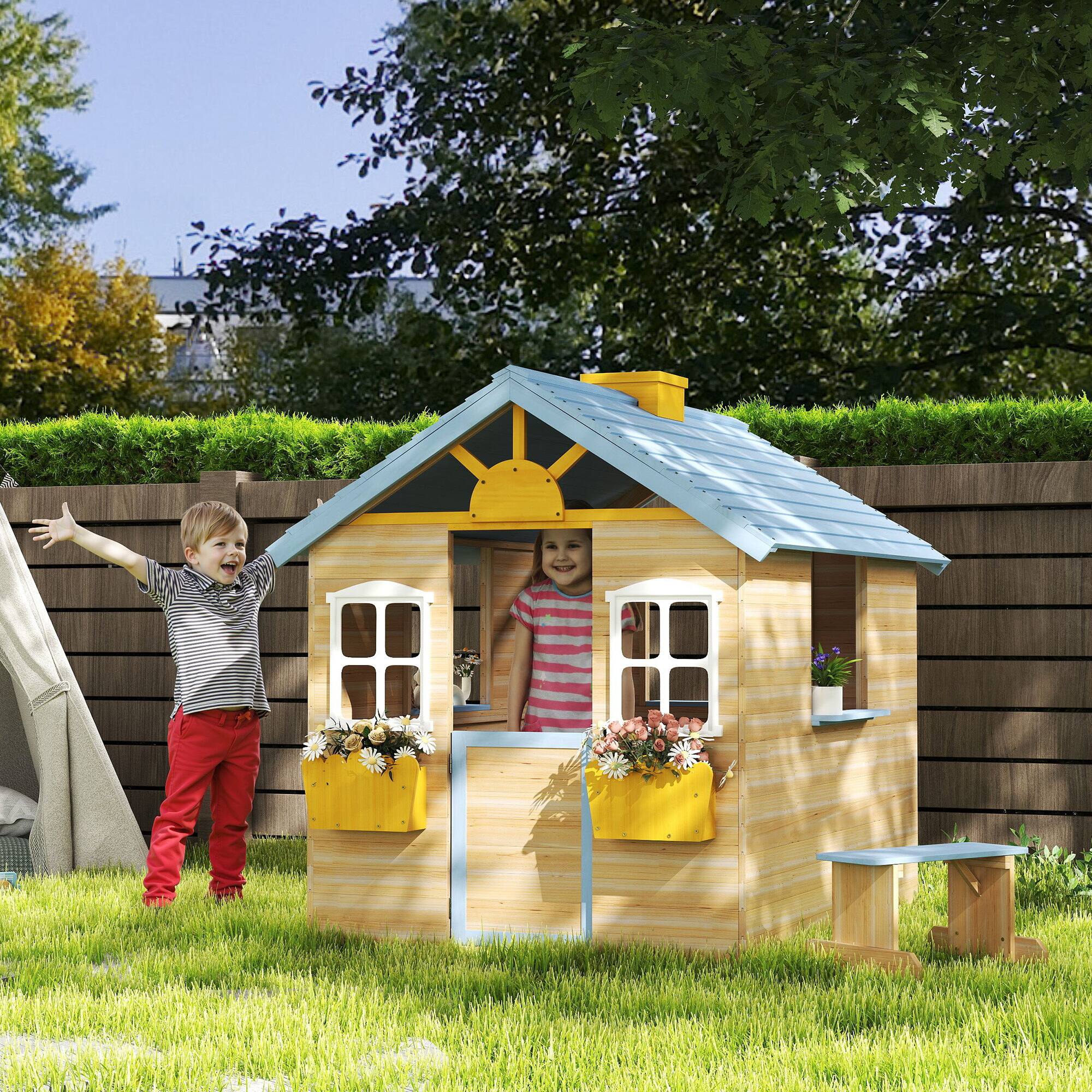 Angle. Outsunny - Wooden Playhouse for Kids Outdoor Garden Pretend Play Games, Adventures Cottage, with Working Door, Windows, Bench.