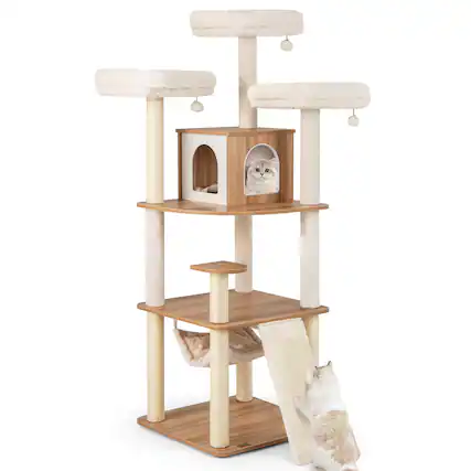 Front. Costway - Costway 68" Tall Cat Tree Wood Cat Tower w/ 3 Padded Perches Multi-Level Climbing Furniture - Natural+White.