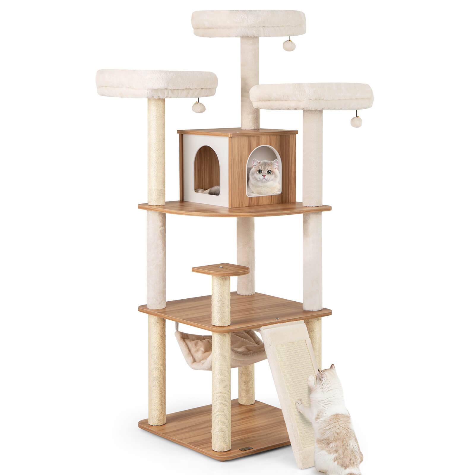 Front. Costway - Costway 68" Tall Cat Tree Wood Cat Tower w/ 3 Padded Perches Multi-Level Climbing Furniture - Natural+White.