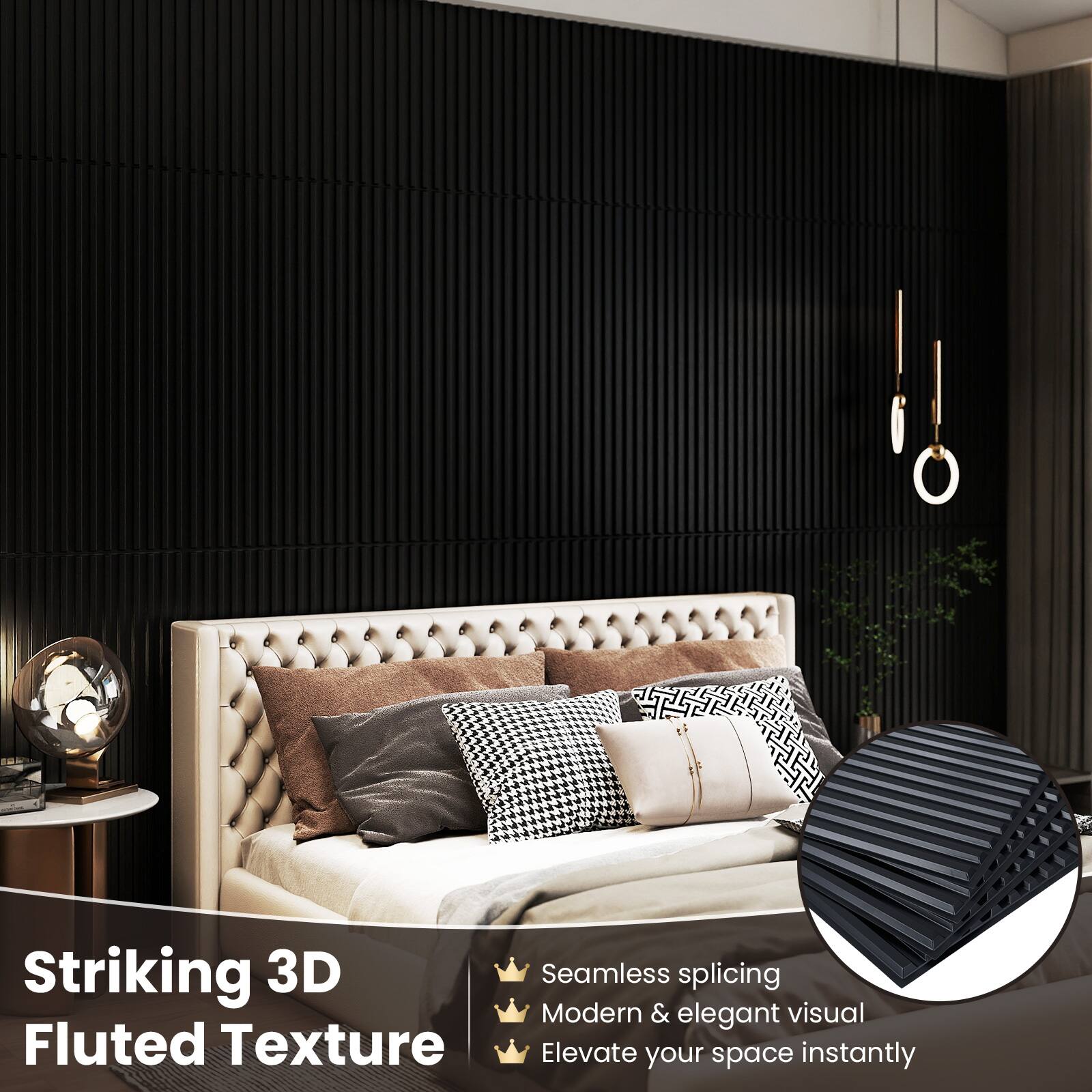 Striking 3D Fluted Texture

- Seamless splicing
- Modern & elegant visual
- Elevate your space instantly