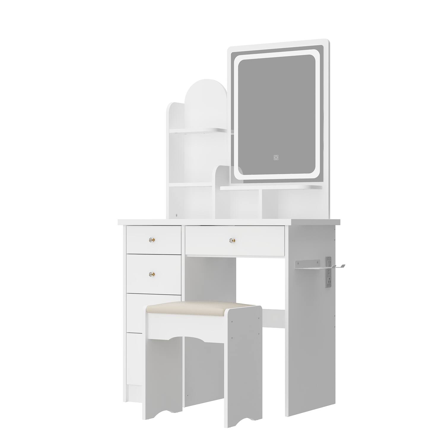 Angle. Famapy - Vanity Dresser with LED Mirror & Built - in Power: All - in - One Beauty Station - White.